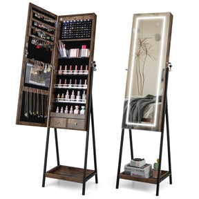 Giantex LED Standing Jewelry Mirror Cabinet, 160cm Lockable Jewelry Armoire Organizer with 3-Color Lighted Full-Length Mirror
