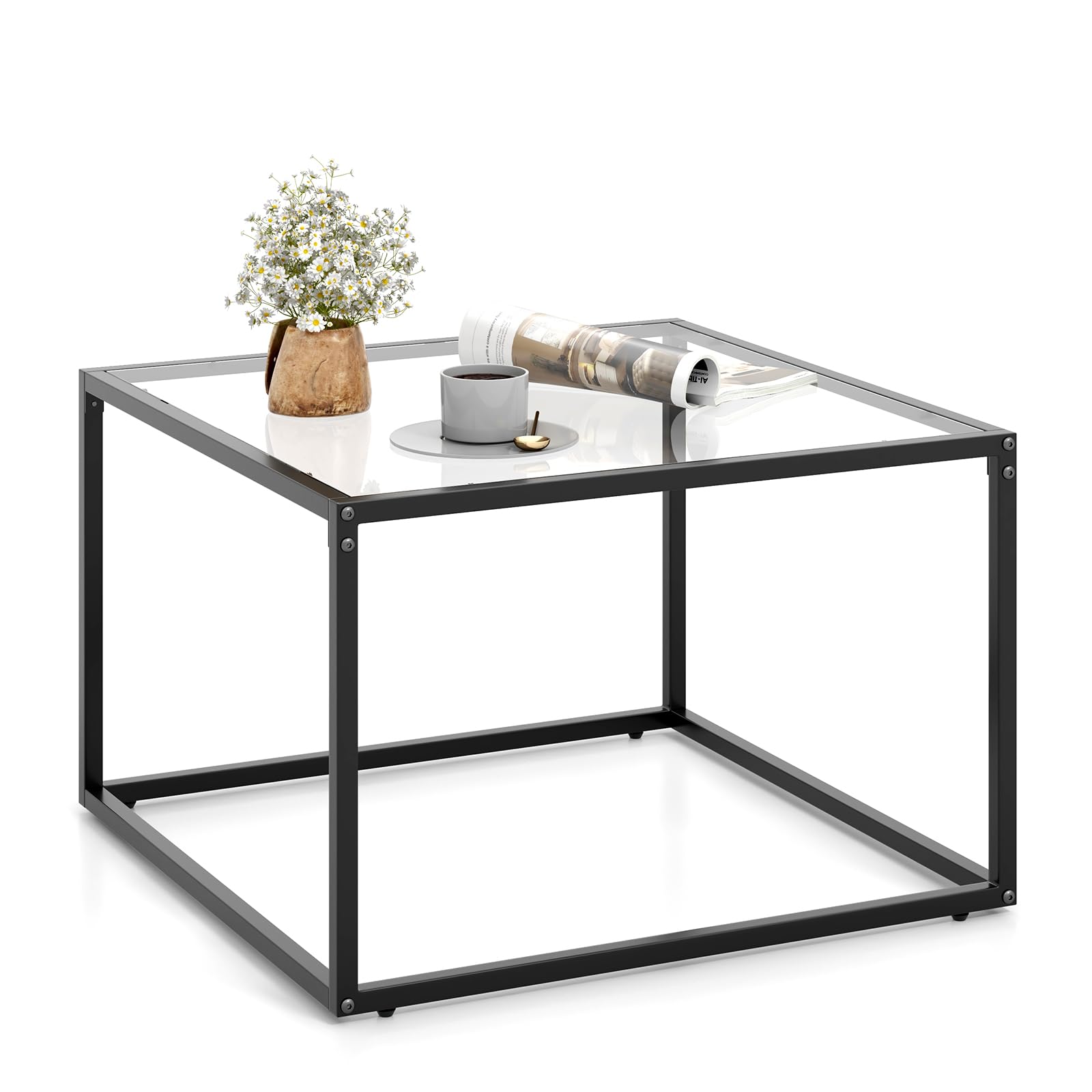 Giantex Glass Coffee Table with Storage, 70cm Modern 2-Tier Square Coffee Table with Mesh Shelf