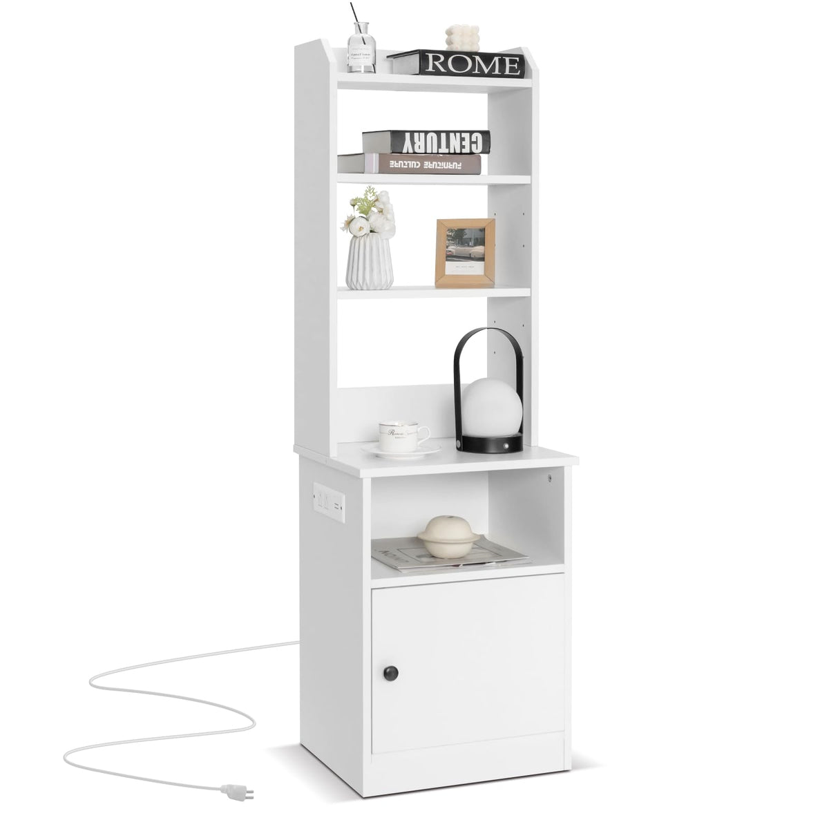 Tall Nightstand w/Built-in Charging Station, Bedside Tables Night Stands w/Shelf & Cabinet