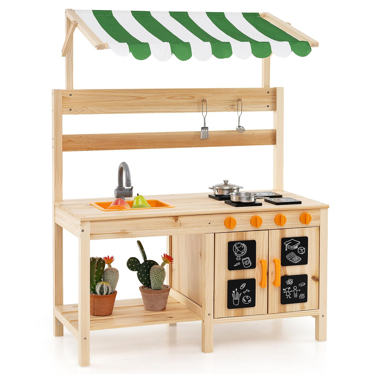 Kids Mud Kitchen with Canopy, Outdoor Wooden Pretend Play Kitchen w/ 4 Stoves, Sink, Faucet, Black Boards & Accessories