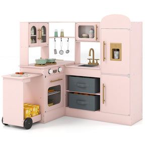 Corner Kitchen with Lights and Sounds, Interactive Wooden Playset w/Retractable Countertop