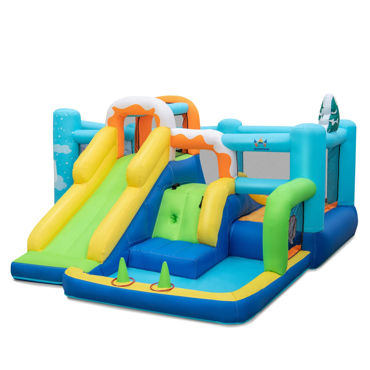 HONEY JOY Kids Inflatable Water Slide, 7-in-1 Outdoor Kids Jumping Castle w/Long Slide, Large Ball Pit, Double Climbing Walls
