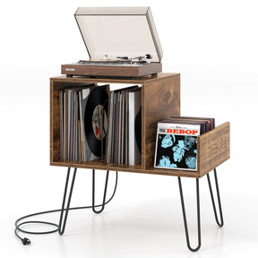 Giantex Record Player Stand with Power Outlet, Turntable Stand with Vinyl Divider & Display Shelf