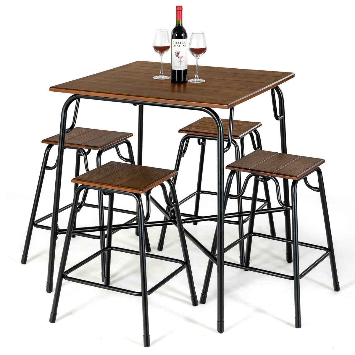 Giantex 5-Piece Bar Table Set, Vintage Counter Height Square Table w/ 4-Piece Classic Backless Stools, Rustic Brown