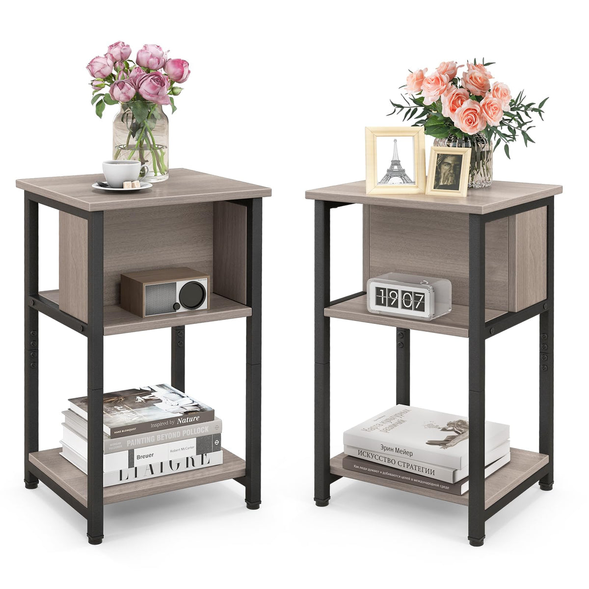 Giantex Bedside Table Set of 2, 3-Tier End Table w/Storage Shelf for Small Spaces