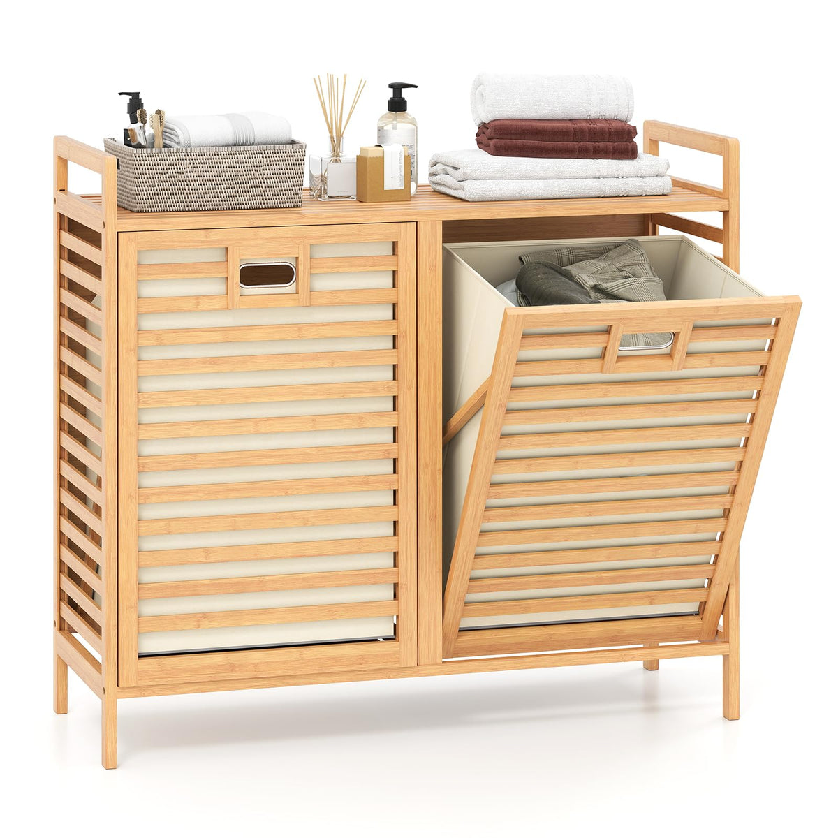 Tilt-out Laundry Hamper, Dual Laundry Basket Organizer with Top Shelf, 2 Pull-out Removable Bags, Side Handles