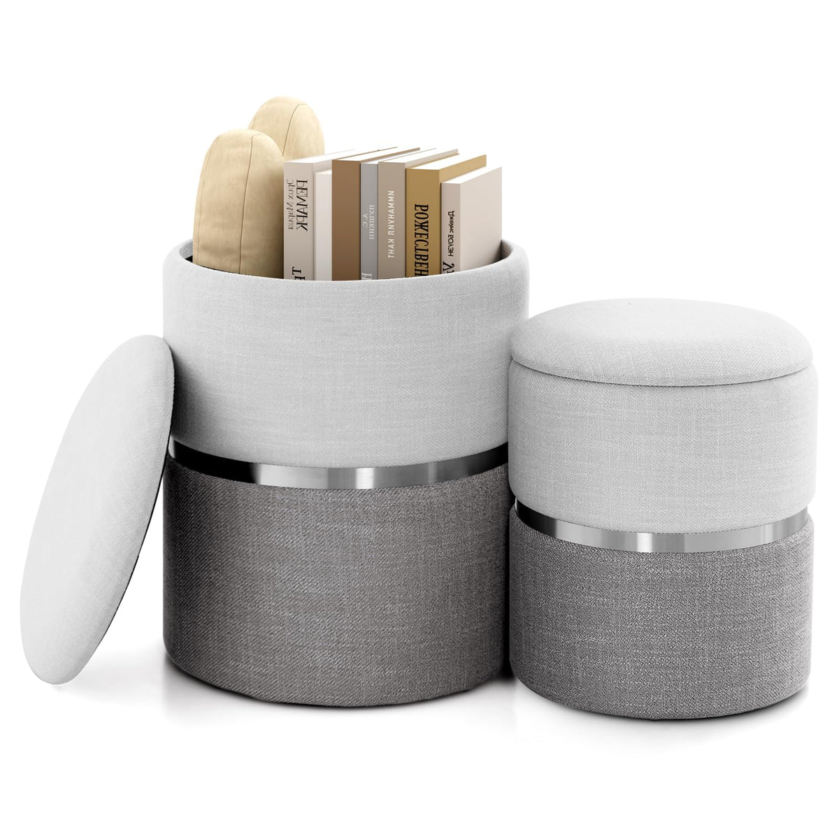 Giantex Linen Fabric Storage Ottoman Set of 2, Modern Round Ottoman with Storage