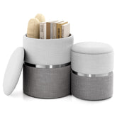 Giantex Linen Fabric Storage Ottoman Set of 2, Modern Round Ottoman with Storage