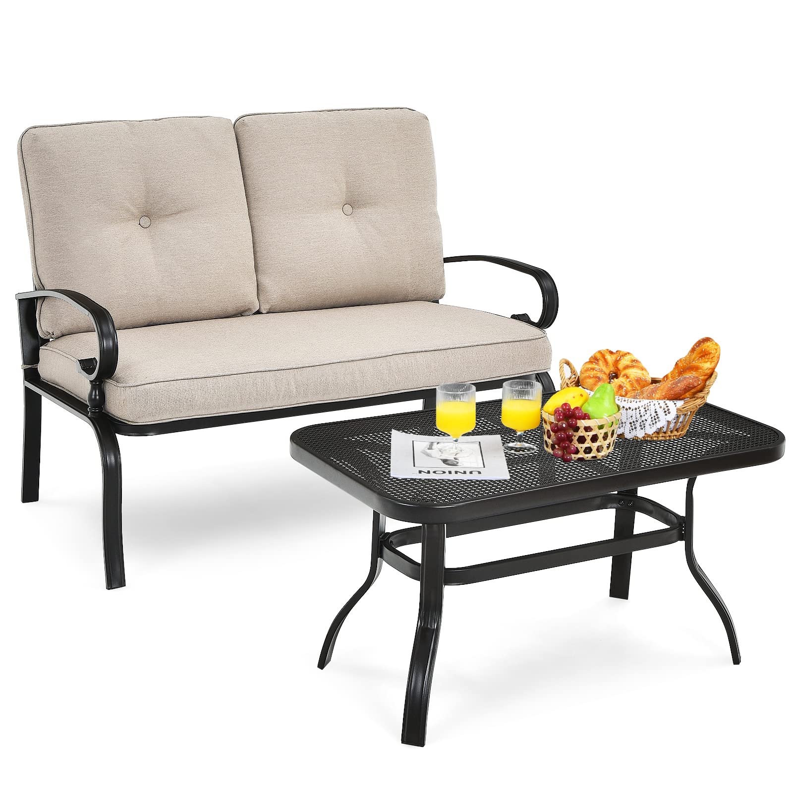 2 Pieces Outdoor Conversation Set with Ergonomic Backrest & Armrest for Balcony & Poolside