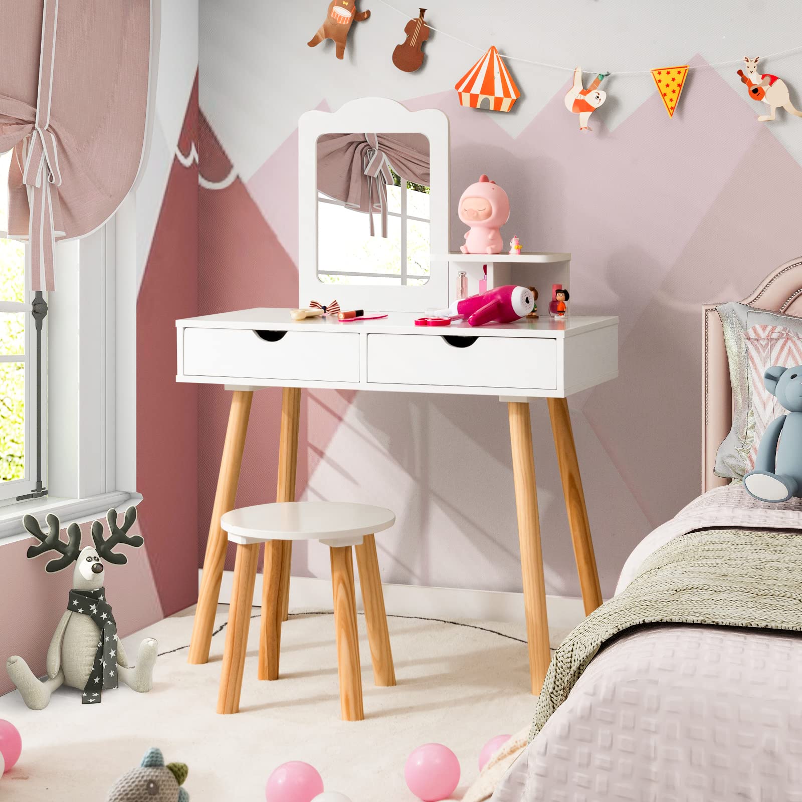Girls Vanity Set with Mirror and Stool, 2 Large Drawers, Storage Shelf