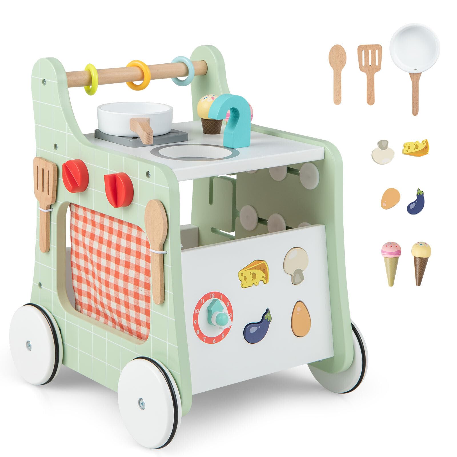 BABY JOY 6-in-1 Wooden Baby Walker, Toddler Push and Pull Learning Activity Center