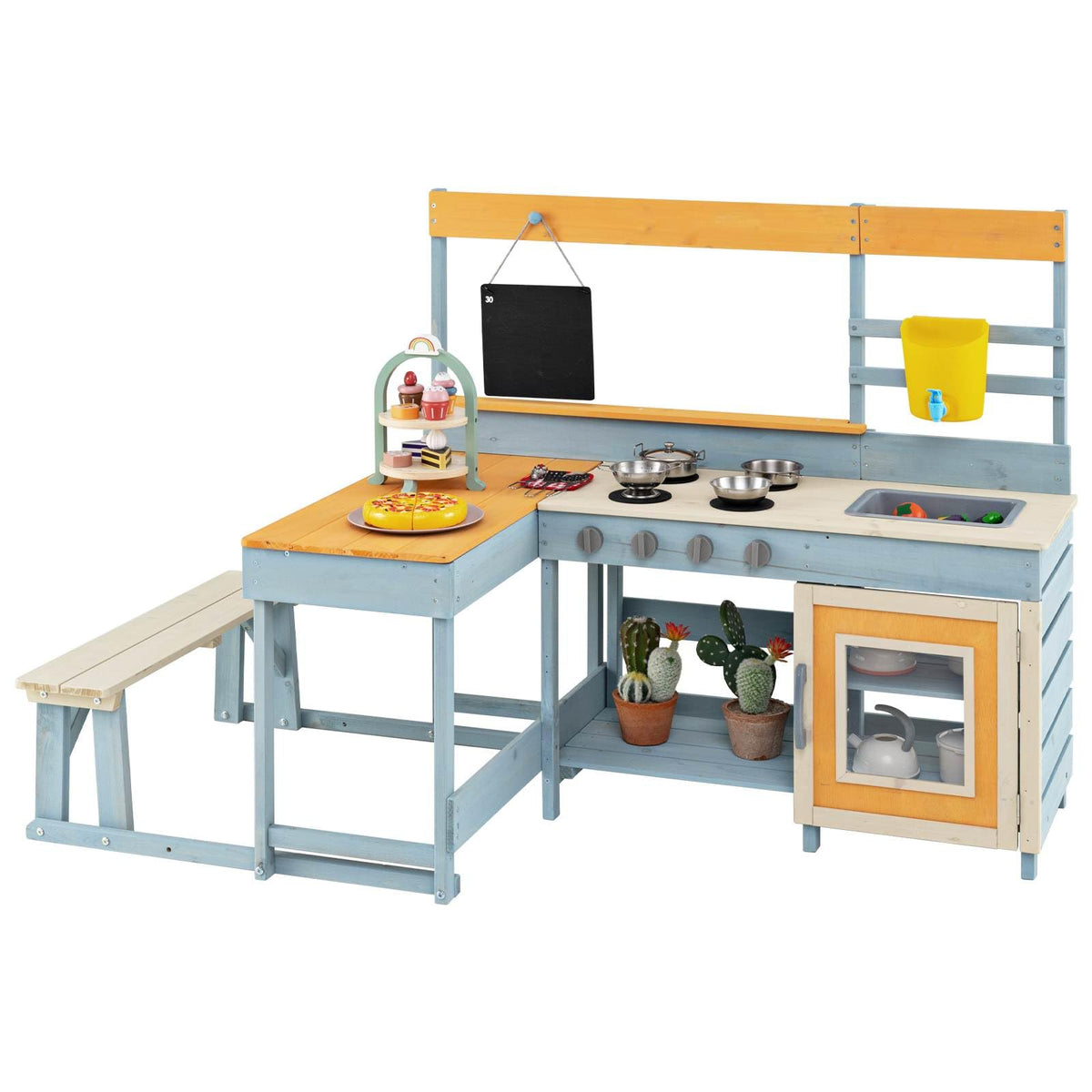 Kids Pretend Play Mud Kitchen, 2-in-1 Outdoor Toy Kitchen & Dining Area w/Storage, Accessories