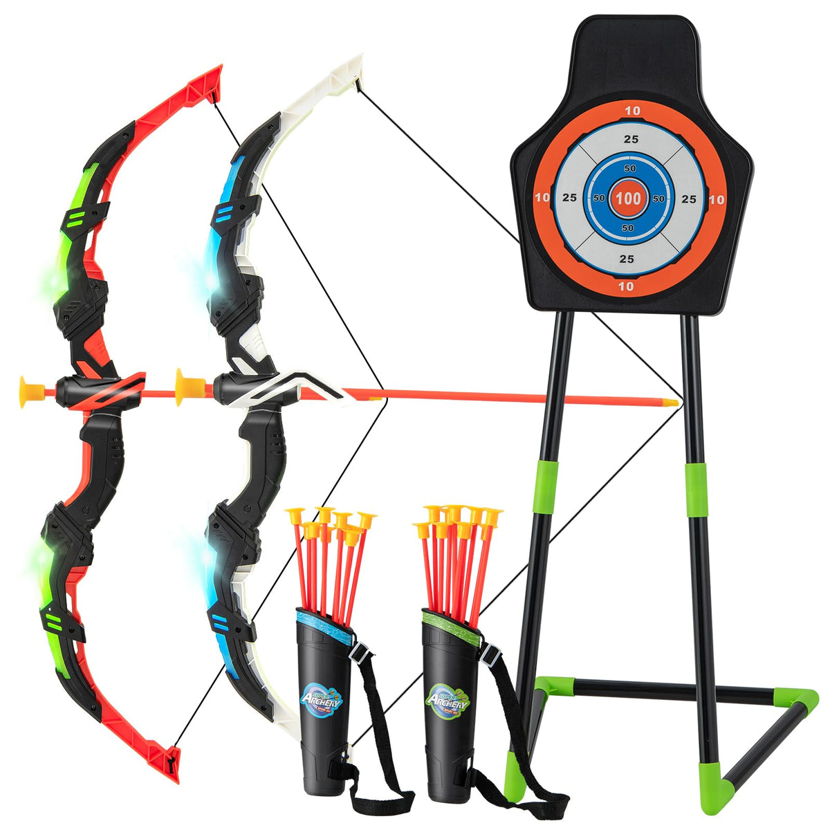 Youth Archery Bow Set, Bow and Arrow Toys for Kids with LED Light Up Bow, 20 Suction Cup Arrows