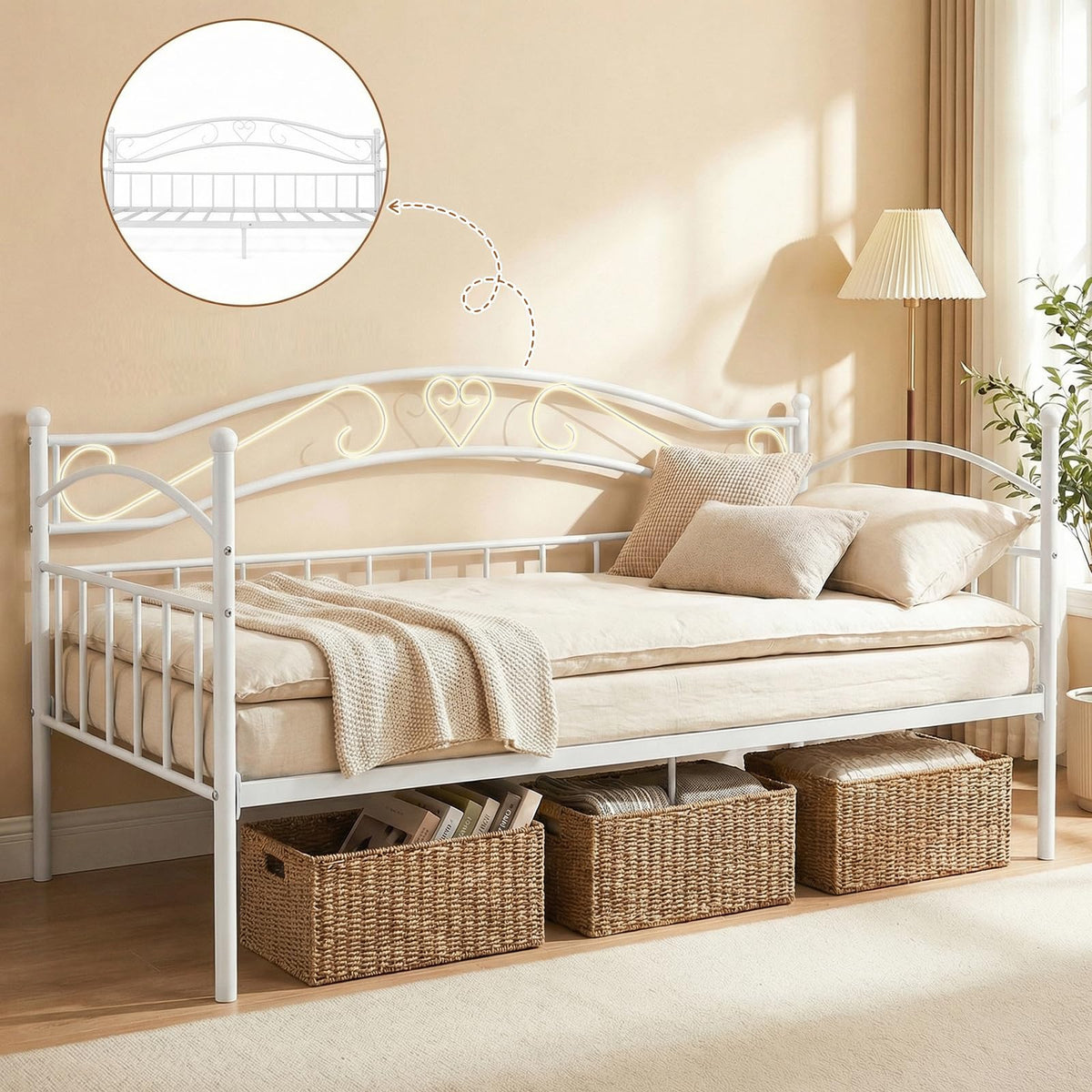 Metal Daybed Frame, 190 x 90 cm Sofa Bed with Classic Headboard