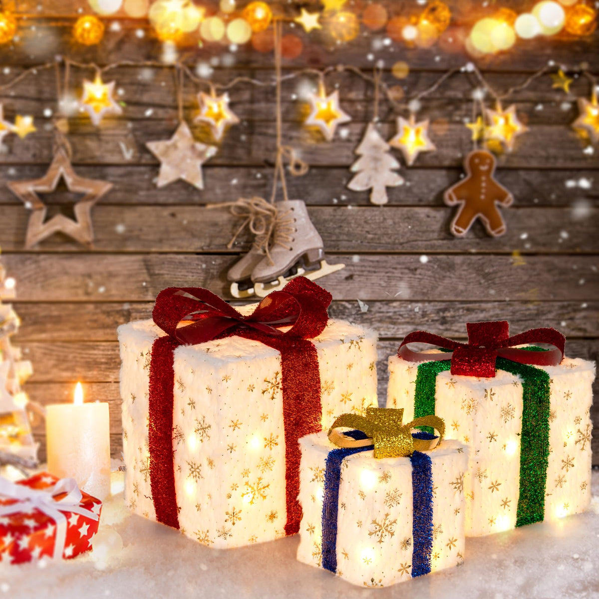Set of 3 Christmas Lighted Gift Boxes, Pre-lit Christmas Decoration with 48 Bright Warm Lights