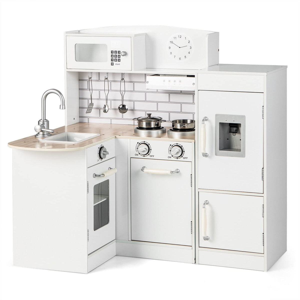 Kids Corner Kitchen Playset, Wooden Play Kitchen Toy Set w/Realistic Microwave