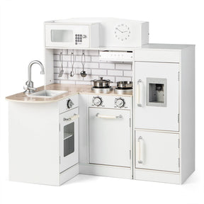 Kids Corner Kitchen Playset, Wooden Play Kitchen Toy Set w/Realistic Microwave