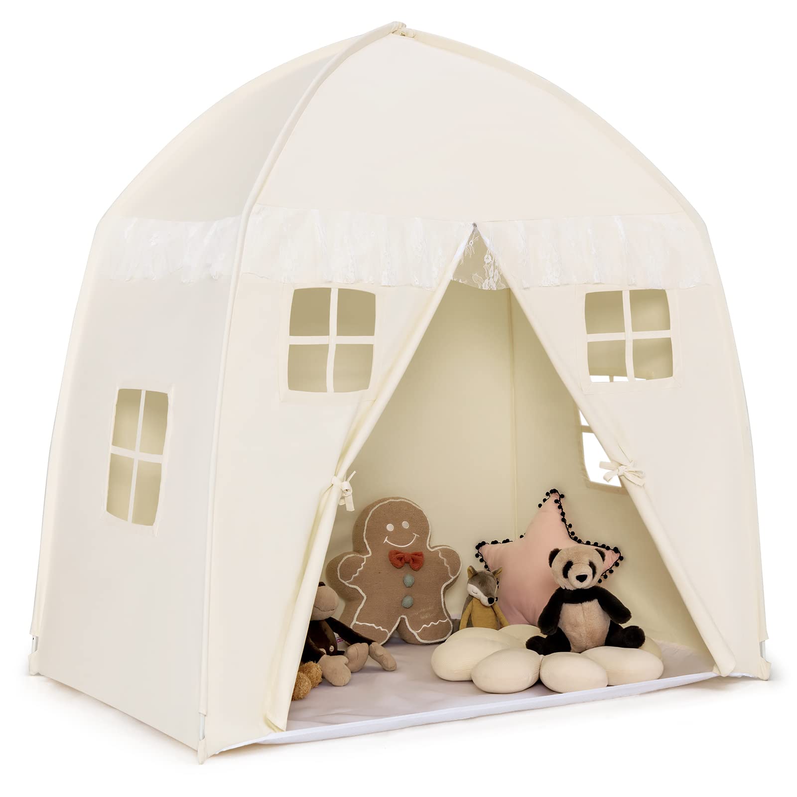 HONEY JOY Kids Play Tent with Non-Slip Mat, Large Cotton Canvas Playhouse w/ 4 Windows, Straps, Zipper, Carry Bag