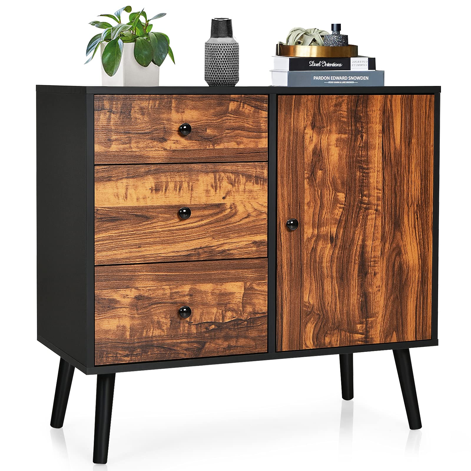 Giantex Retro Storage Cabinet, Vintage Cupboard with 3 Drawers and Adjustable Shelf Rustic Brown