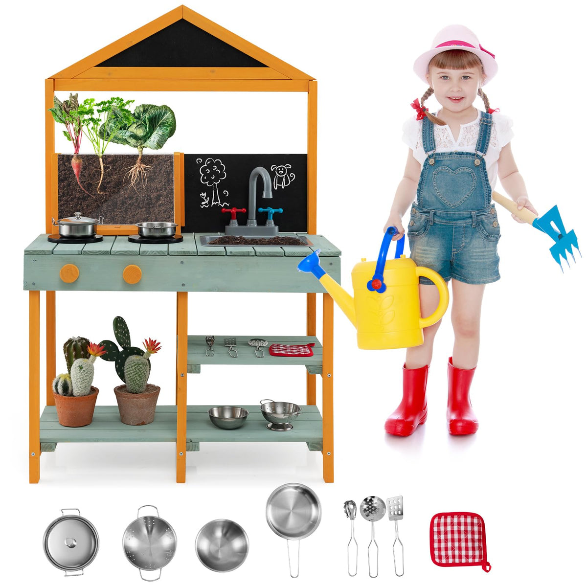 HONEY JOY Kids Kitchen Playset, Outdoor Mud Kitchen with Root Viewer Planter, Rotatable Faucet & Removable Sink