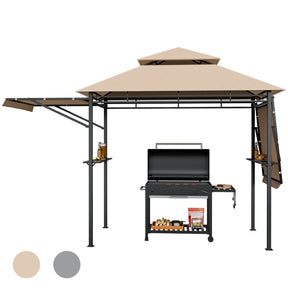 413 x 122cm Outdoor BBQ Grill Gazebo W/Dual Side Awnings, 2 Side Shelves, 8 Stakes Double-Tiered
