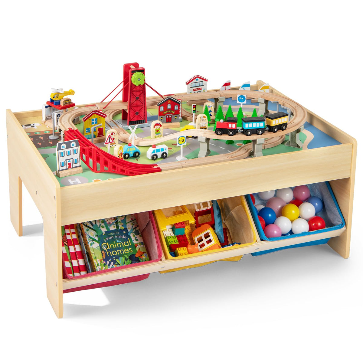 Train Table, 84 Pieces Wooden Kids Activity Toy Table Playset with Reversible Detachable Tabletop, Tracks, Train, Railway, City for Toddler Boys Girls (36’’ x 25’’ x 16’’)