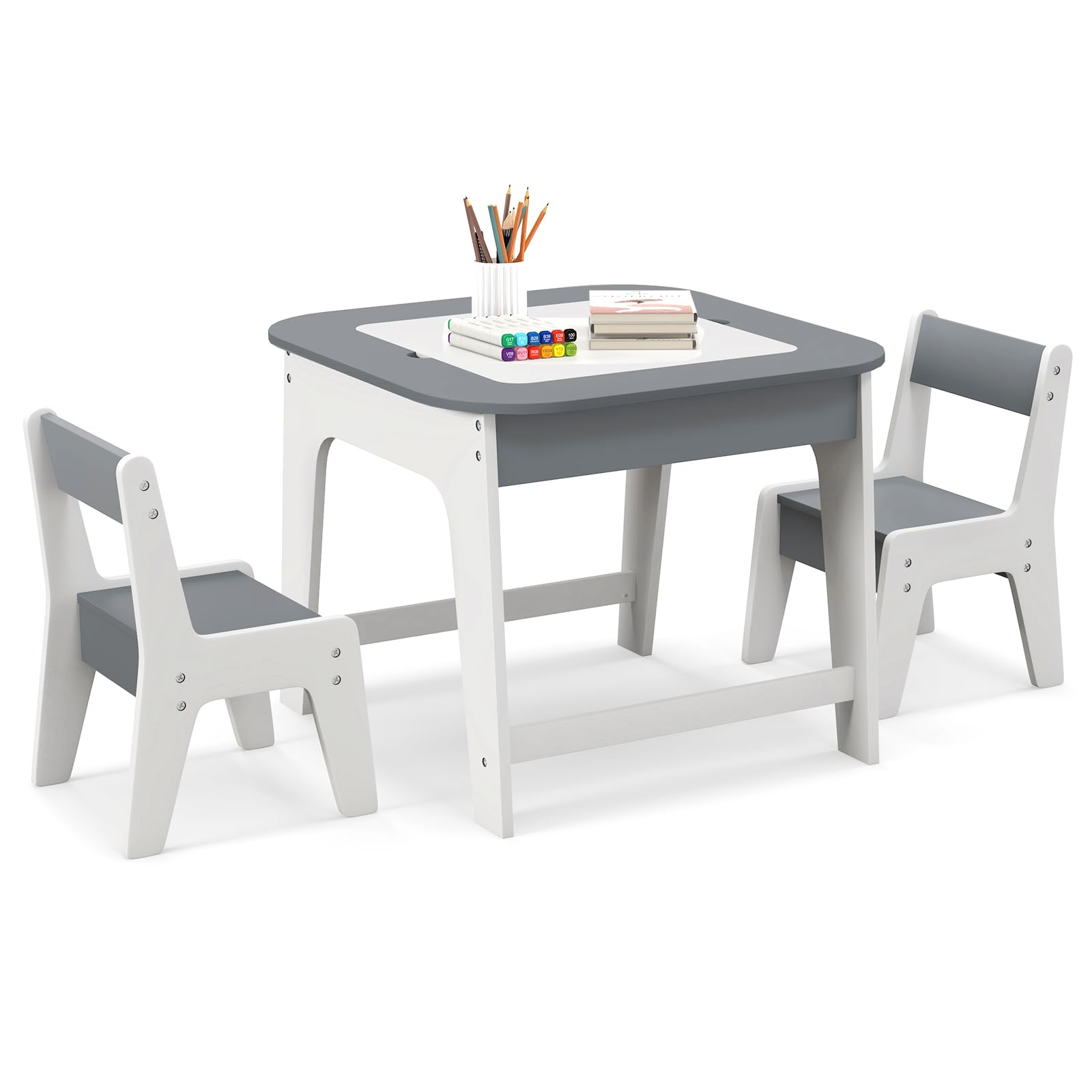 Kids Table & Chairs Set, Toddler Activity Table Set with Double-Sided Tabletop & Hidden Storage Space