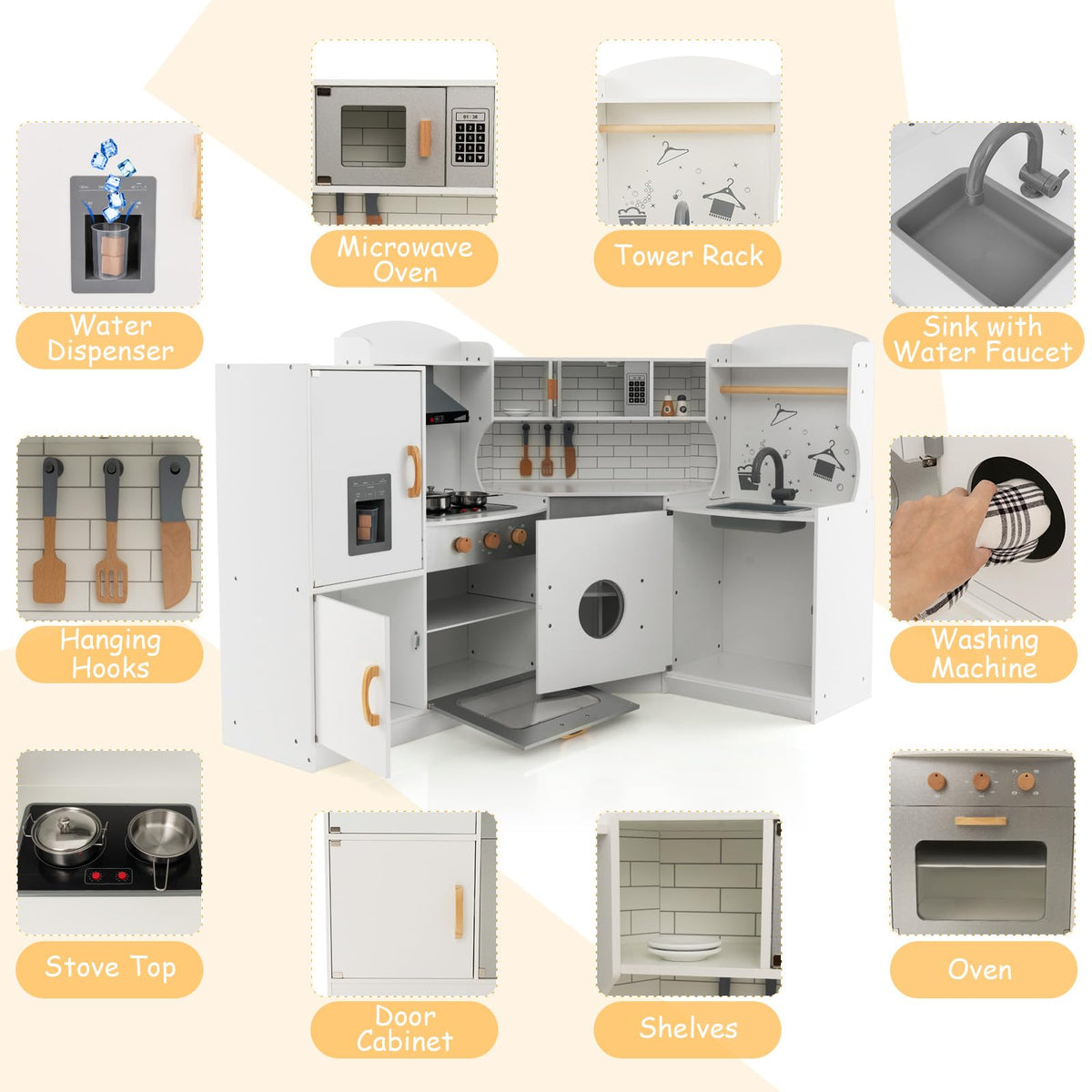 Corner Play Kitchen, Toddler Kitchen Playset with Range Hood, Ice Maker, Microwave, Oven, Sink, Washing Machine