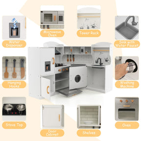 Corner Play Kitchen, Toddler Kitchen Playset with Range Hood, Ice Maker, Microwave, Oven, Sink, Washing Machine