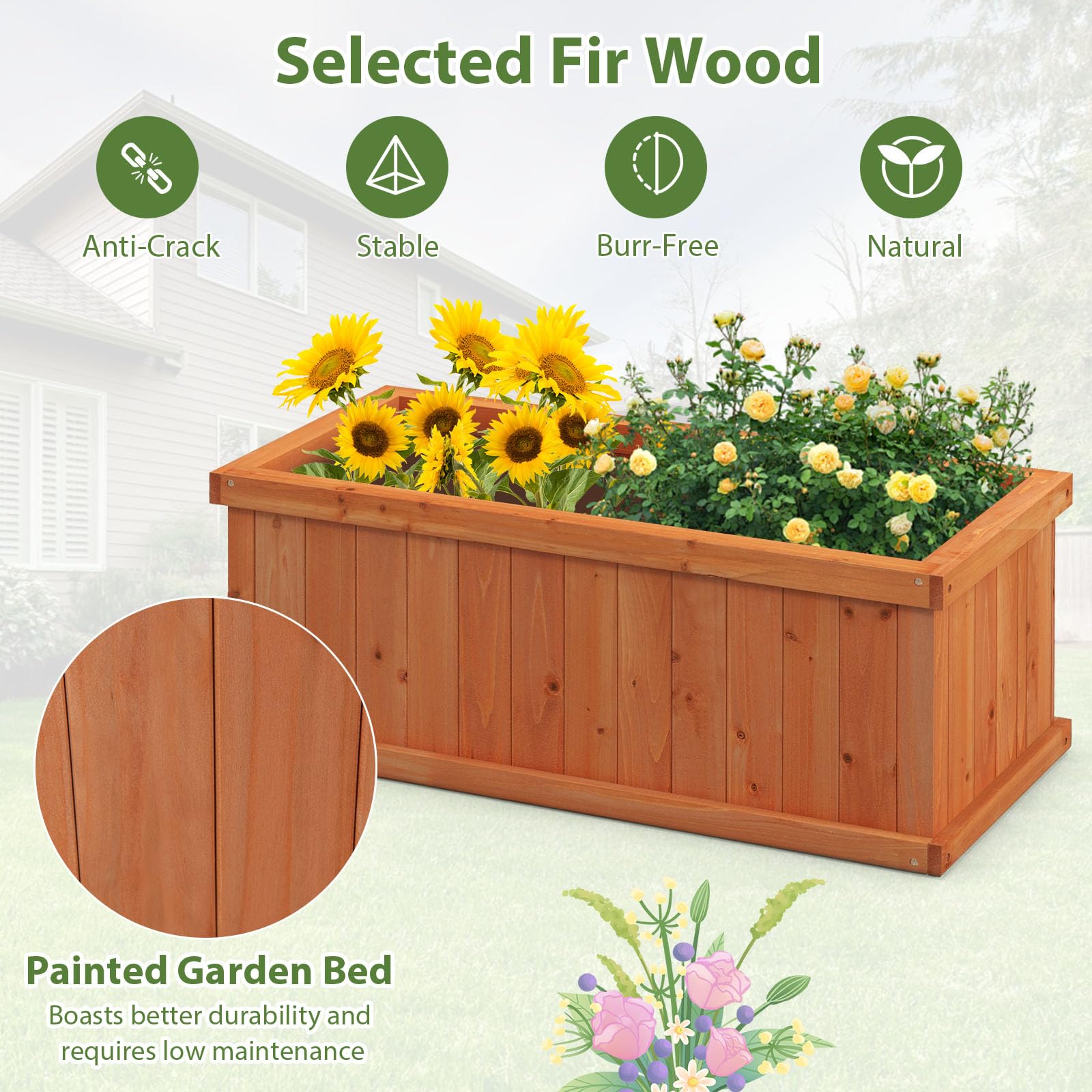 Raised Garden Bed, Wooden Planter Box with 4 Drainage Holes & Detachable Bottom Panels