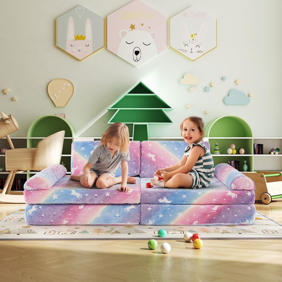 HONEY JOY 8 PCS Modular Kids Play Couch, Glow in The Dark Toddler Sectional Sofa