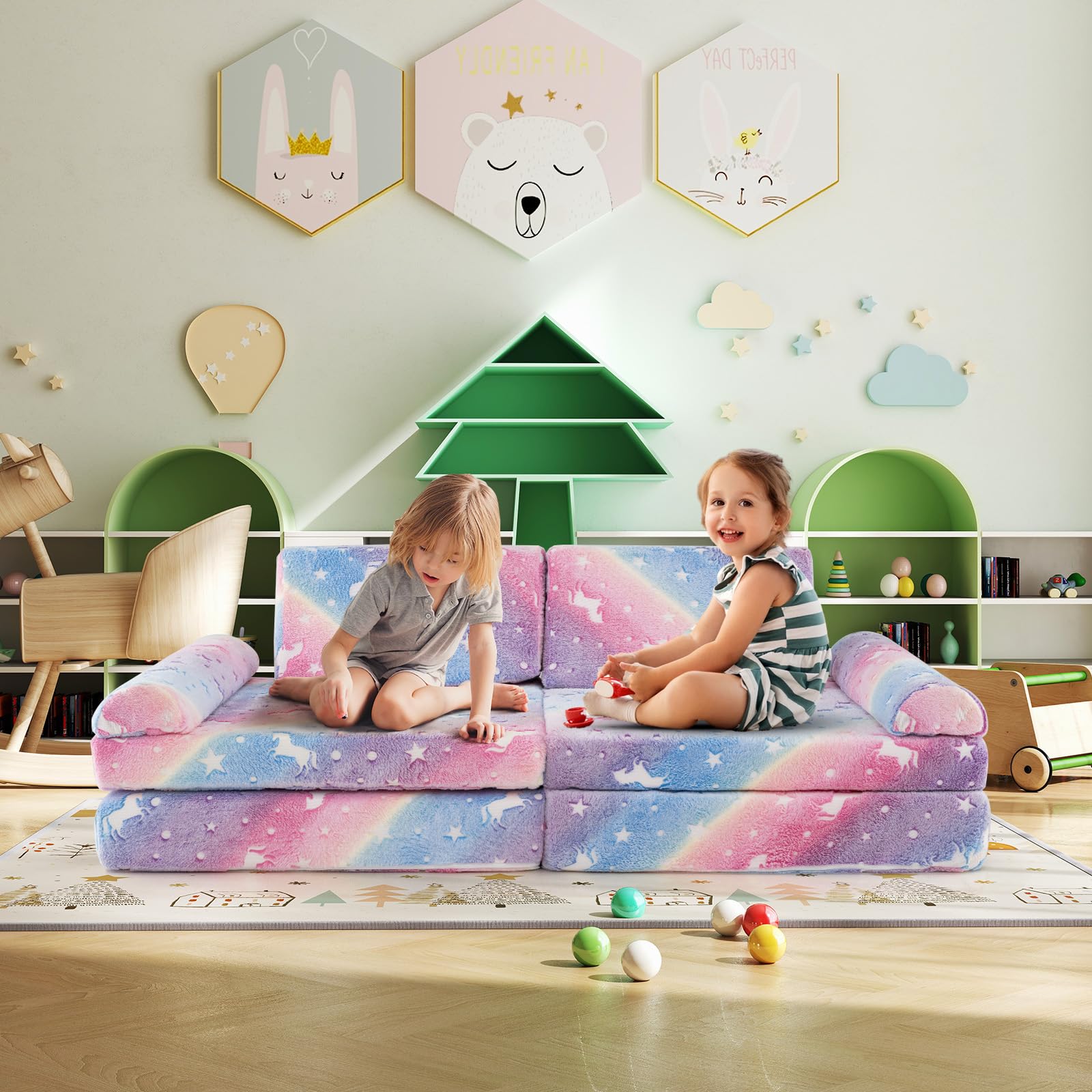 HONEY JOY 8 PCS Modular Kids Play Couch, Glow in The Dark Toddler Sectional Sofa