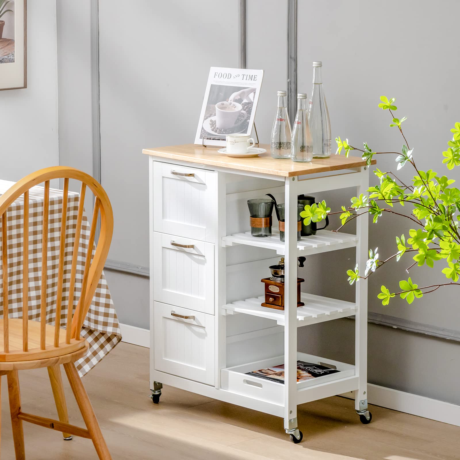 Giantex Kitchen Island on Wheel with Storage, Multi-purpose Rolling Cart w/ Rubber Wood Countertop, 3 Drawers