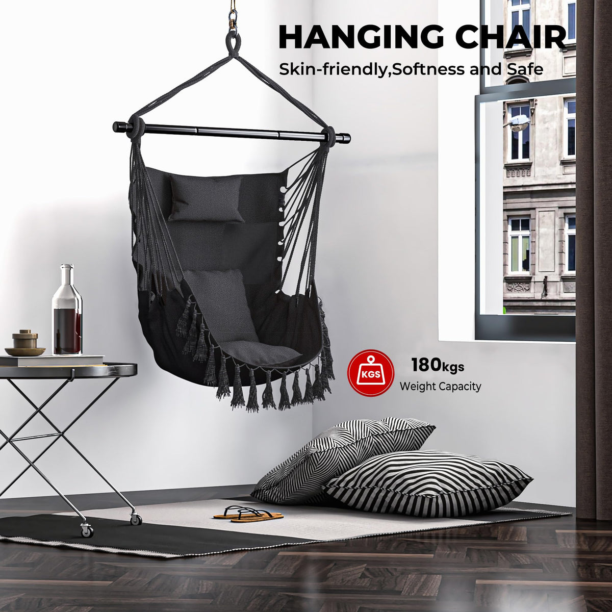 Hammock Swing Chair, Hanging Rope Swing w/Detachable Steel Bars, Side Pocket, Head Pillow & 2 Cushions