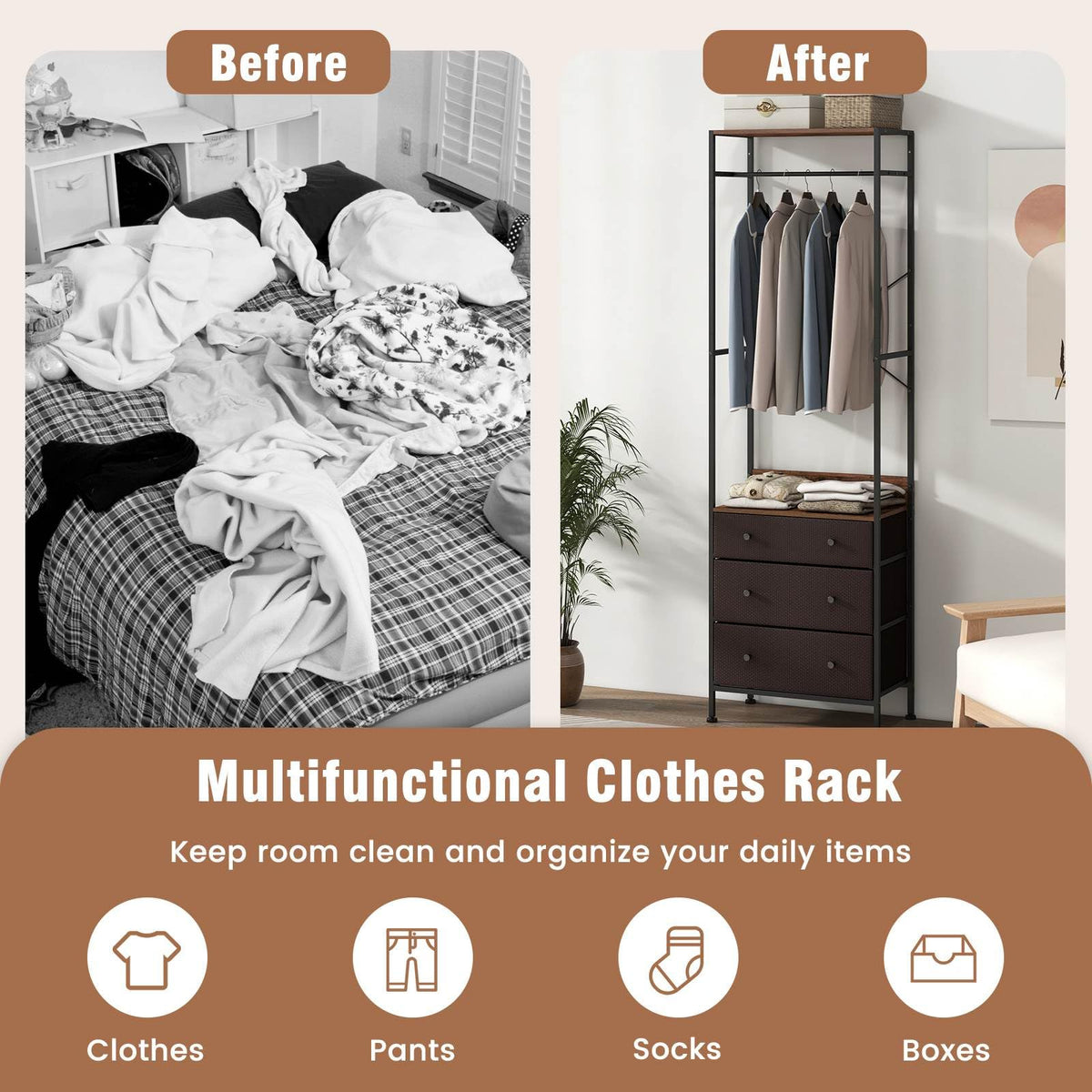 Freestanding Closet Organizer, Clothing Stand Dresser w/ 3-Position Hanging Rod & Storage Shelves