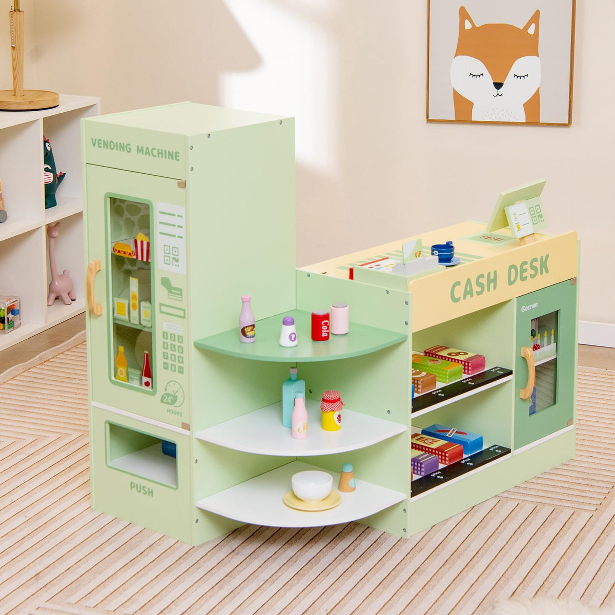 HONEY JOY Wooden Supermarket Play Toy Set, Kids Grocery Store Playset with Checkout Counter