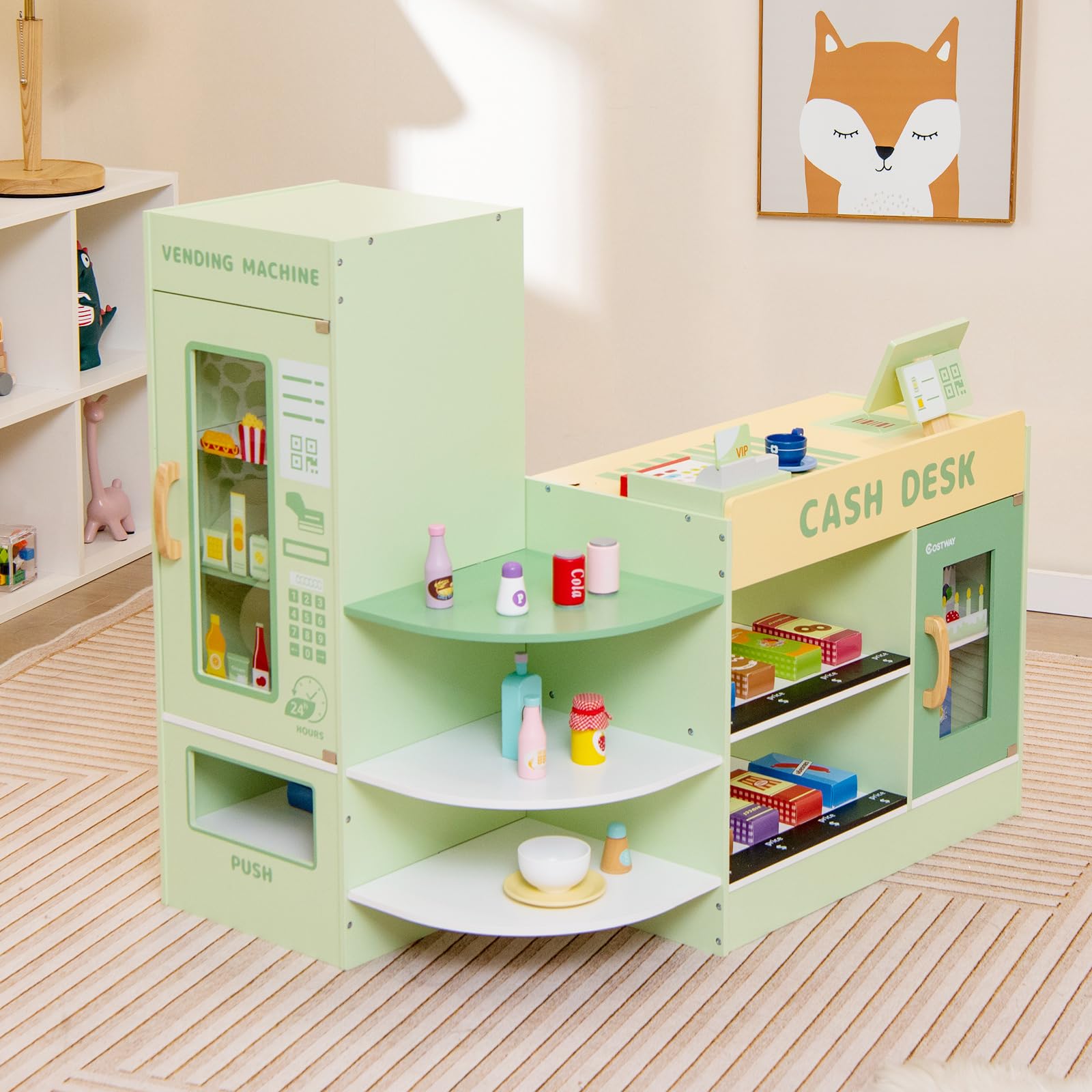HONEY JOY Wooden Supermarket Play Toy Set, Kids Grocery Store Playset with Checkout Counter