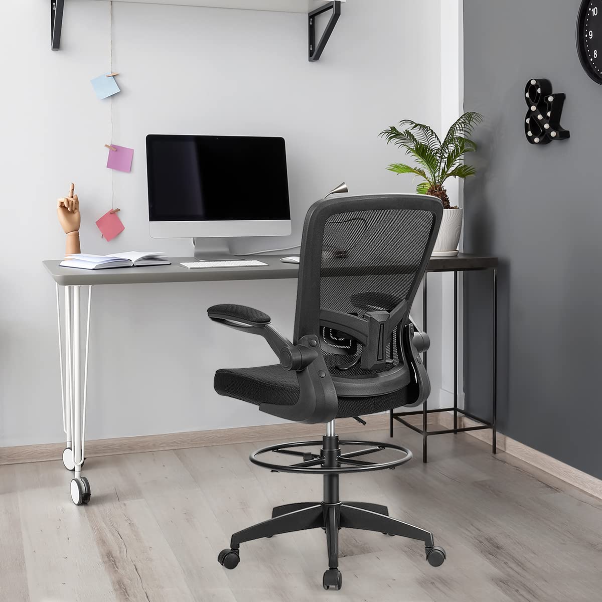 Adjustable Drafting Chair, 360° Swivel Designed Mesh Fabric Chair w/Lumbar Support
