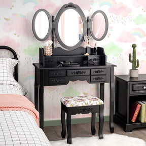 Giantex Folding Vanity Table Set with Mirrors, Elegant Makeup Table & Cushioned Stool Set w/ 7 Drawers and Open Shelf