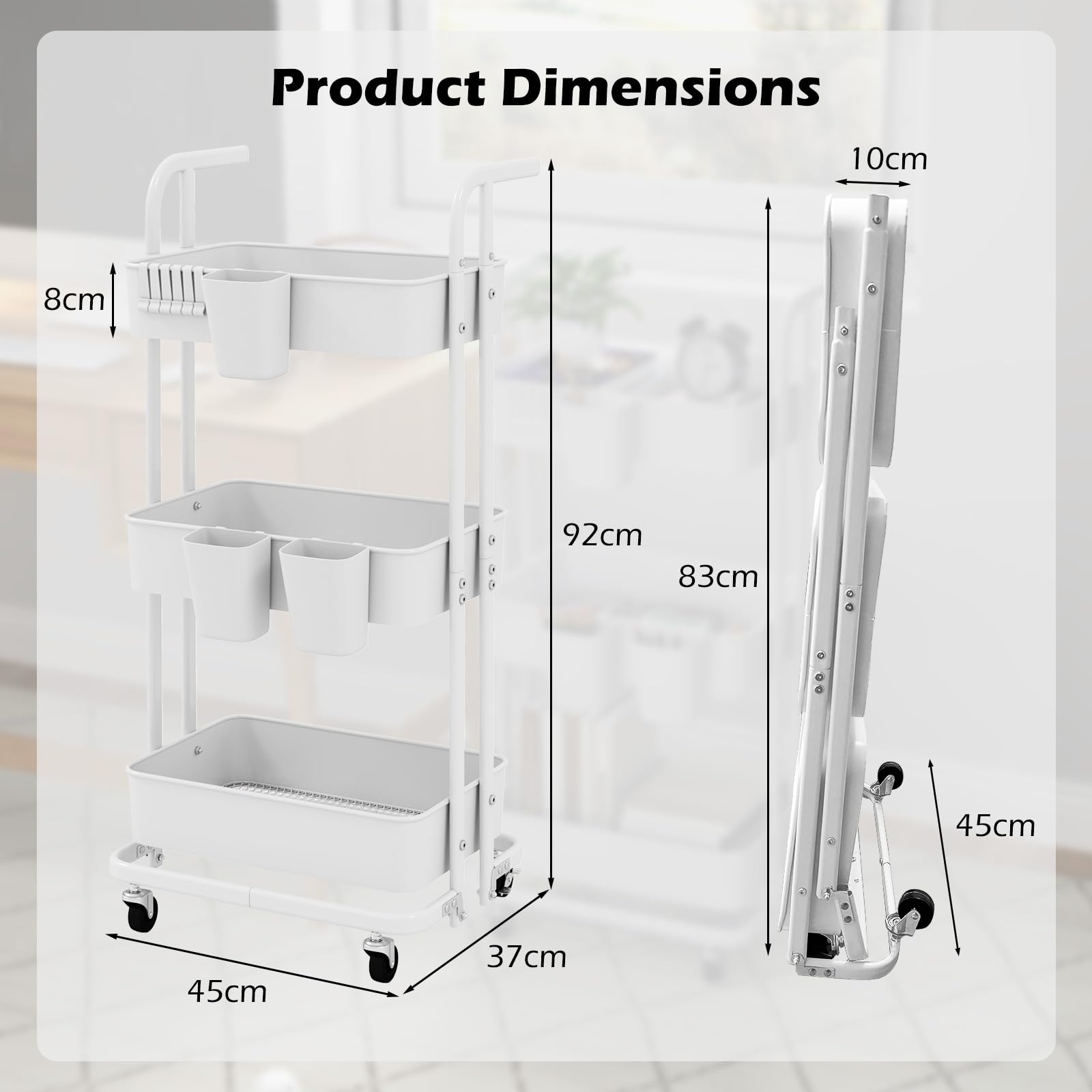 Giantex 3-Tier Rolling Cart, Folding Storage Cart w/ 3 Hanging Cups & 6 Hooks