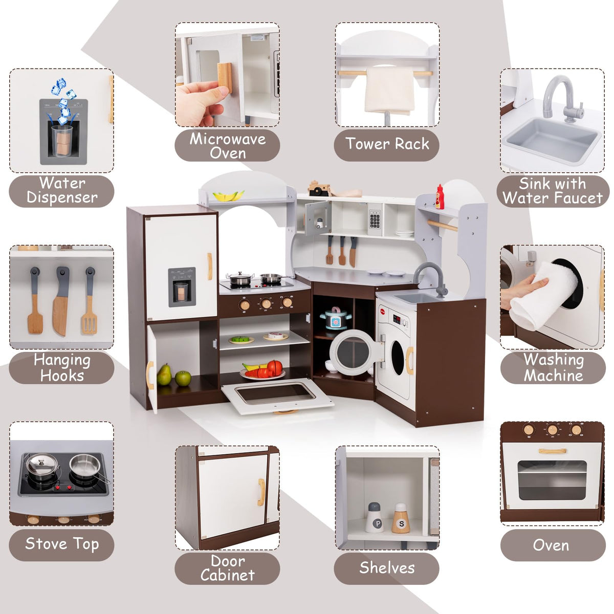 Corner Play Kitchen, Toddler Kitchen Playset with Ice Maker, Microwave, Oven, Sink, Washing Machine, Towel Rack & Sweet Accessories