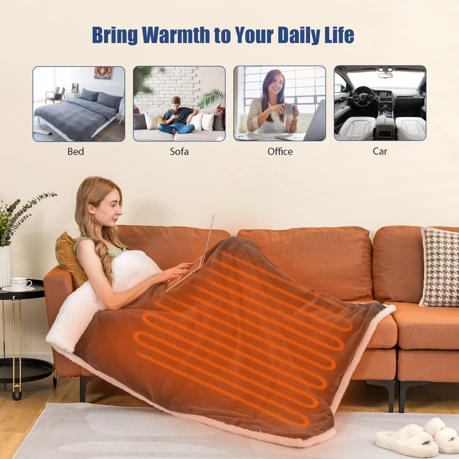 320GSM Rabbit Velvet Electric Blanket,Heated Throw Double-Side Fabric Reversible Blanket