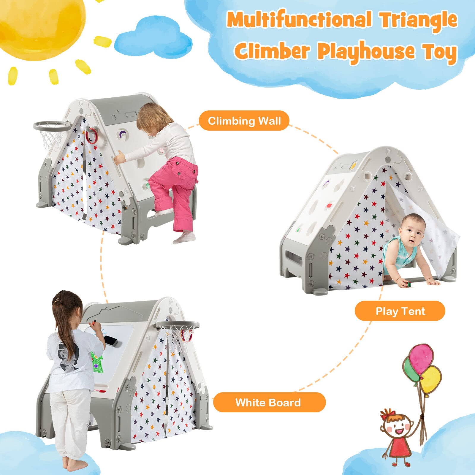 Kid's Triangle Climber with Tent Cover & White Board & Basketball Hoop & Soccer Gate
