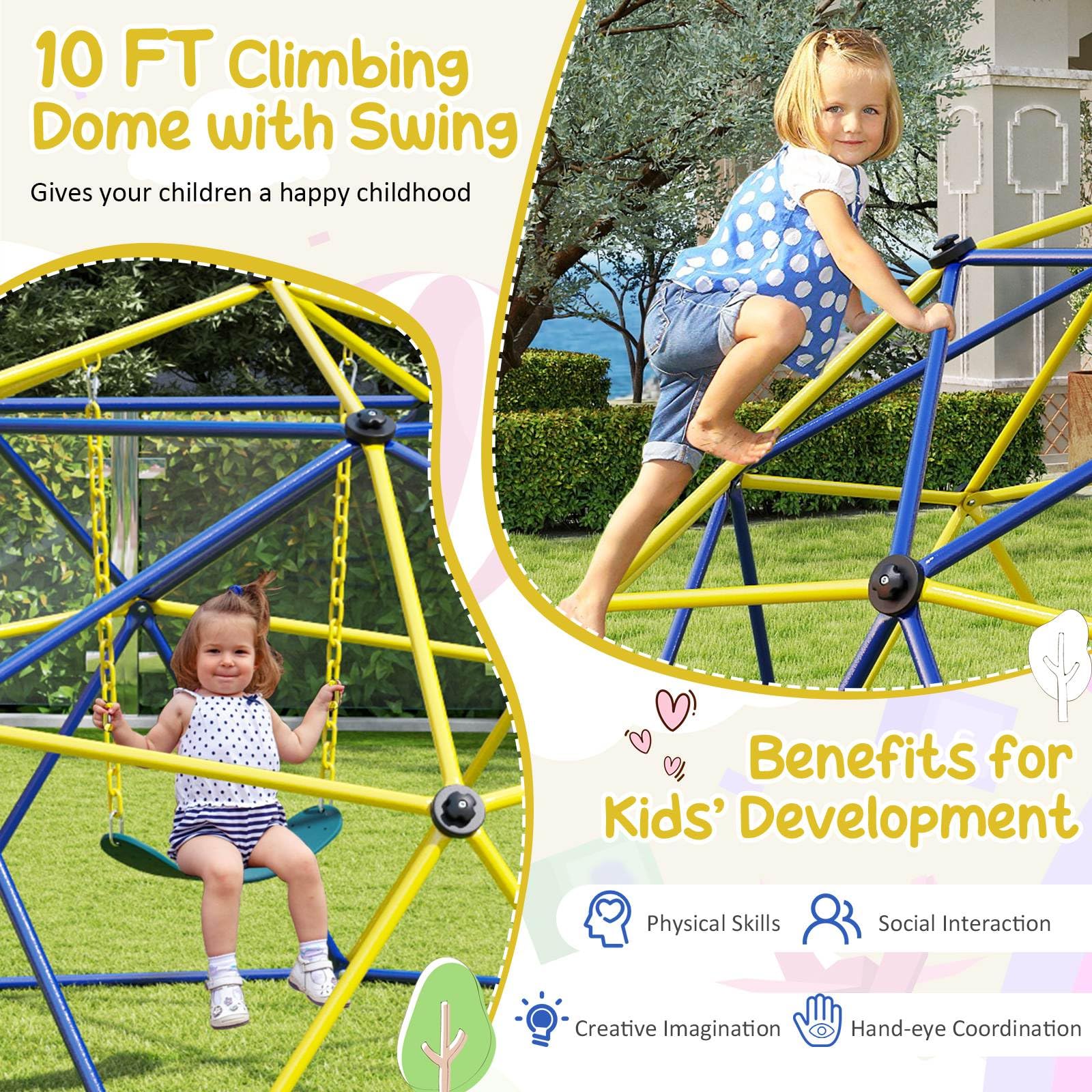 Climbing Dome with Swing, 10FT Kids Jungle Gym Monkey Bar Climbing Toys for Outdoor, Holds up to 363 KG