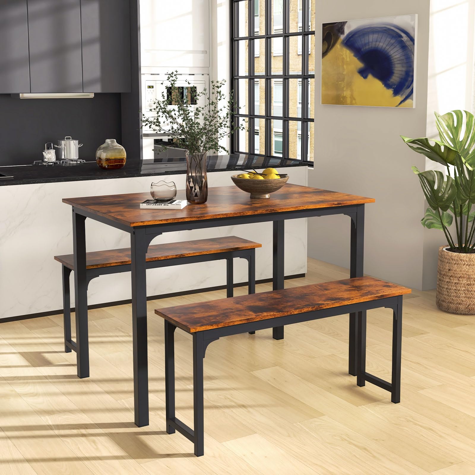 Giantex Dining Table Set for 4, 3 PCS Farmhouse Kitchen & Dining Room Furniture Kit with 2 Benches