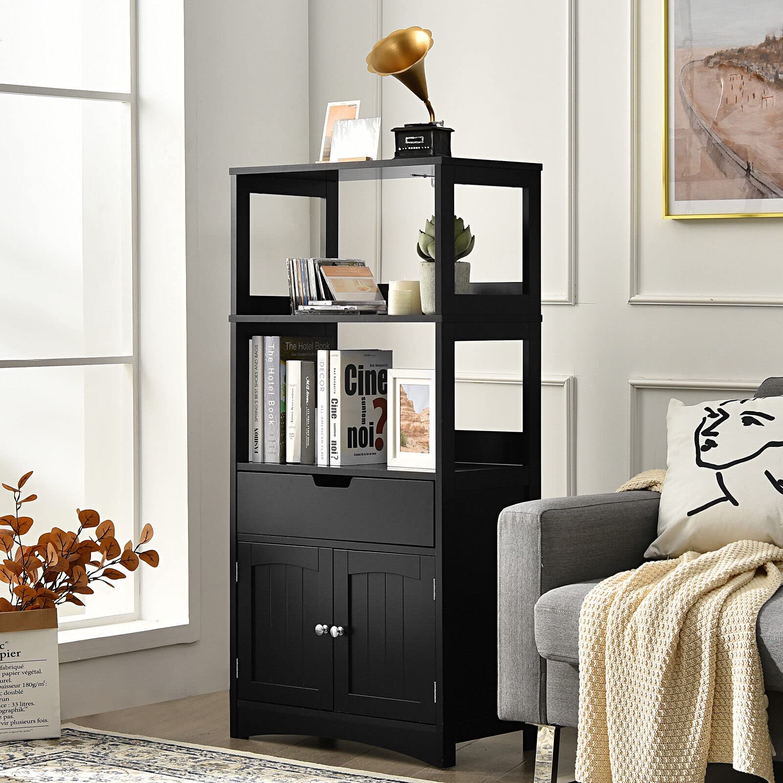 Giantex Floor Storage Cabinet, Freestanding Organizer, Kitchen Pantry Holder w/Anti-Toppling Mechanism, Wooden Entryway Sideboard