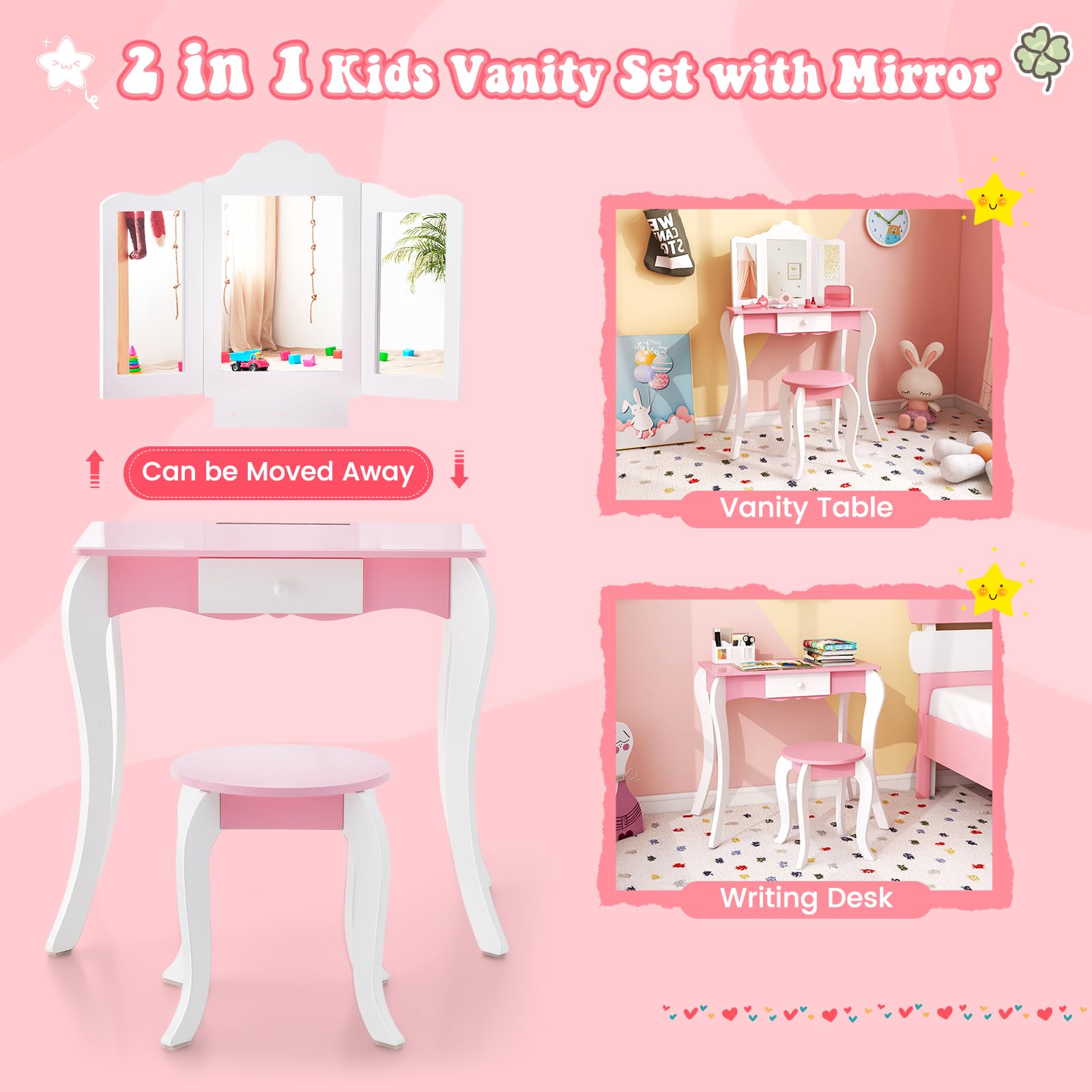 HONEY JOY Kids Vanity Table and Chair Set, 2-in-1 Kids Pretend Play Makeup Dressing Table Set with Tri-Folding Mirror