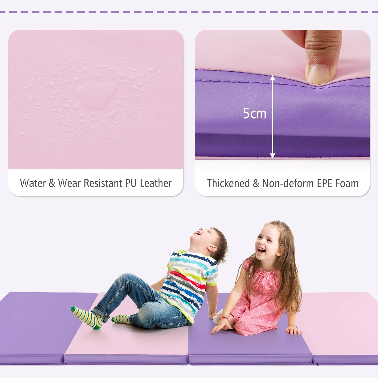 2.4M 4-Panel PU Leather Gym Mat w/Hook & Loop Fasteners & Carrying Handles for Gymnastics