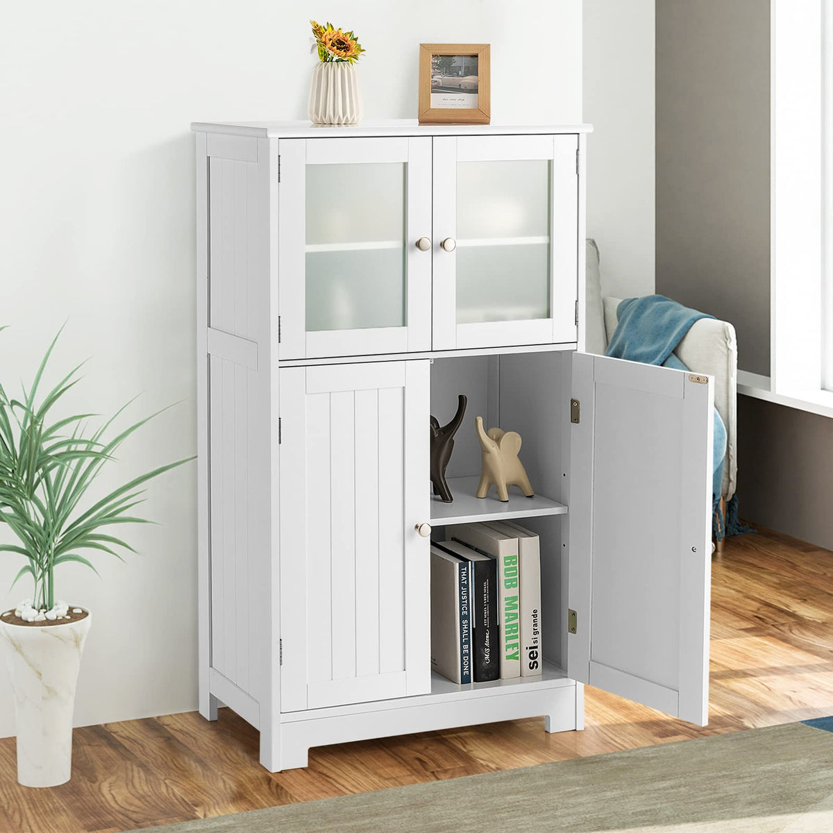 Giantex Bathroom Storage Cabinet, Kitchen Pantry Cabinet w/Tempered Glass Doors & Adjustable Shelf, White