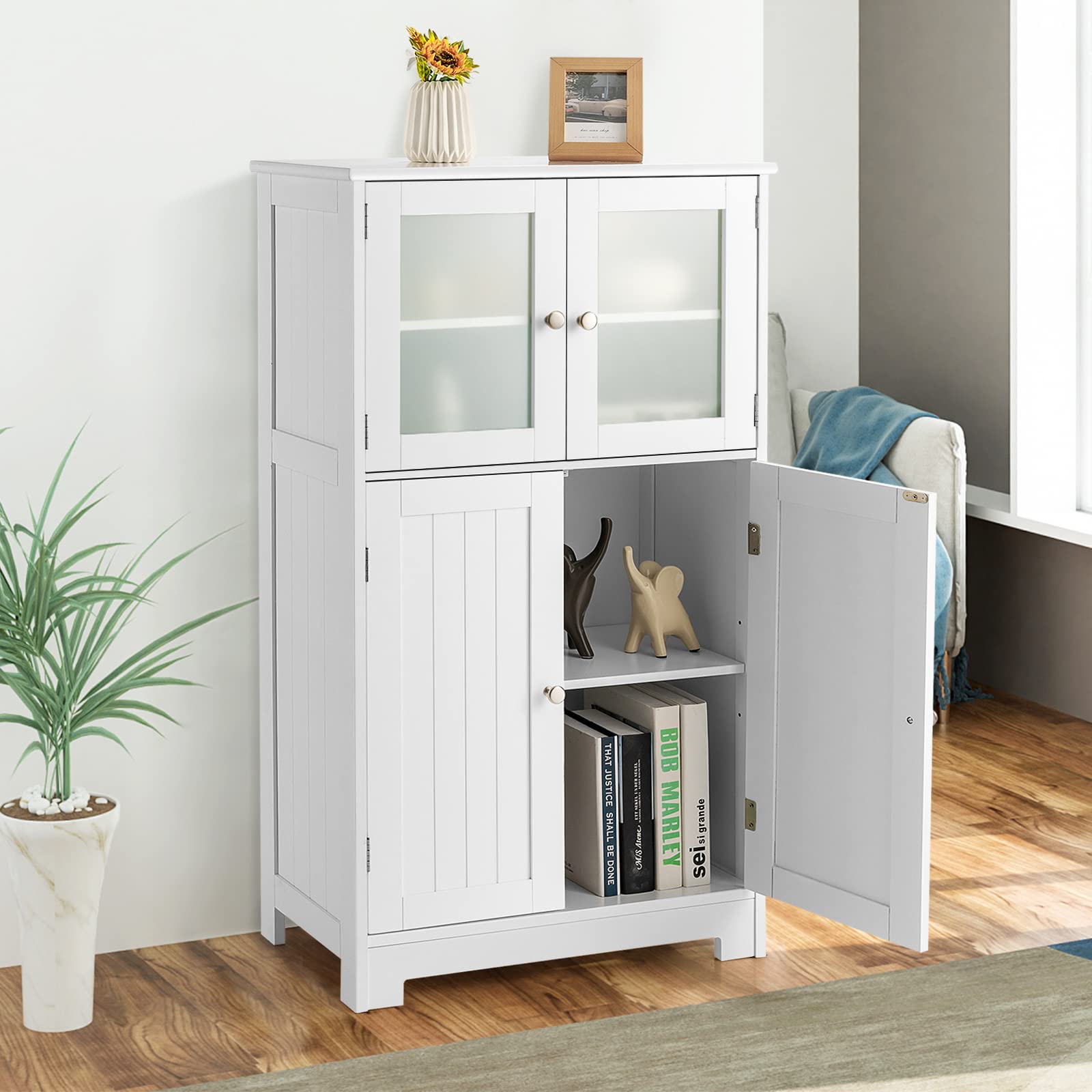 Giantex Bathroom Storage Cabinet, Kitchen Pantry Cabinet w/Tempered Glass Doors & Adjustable Shelf, White